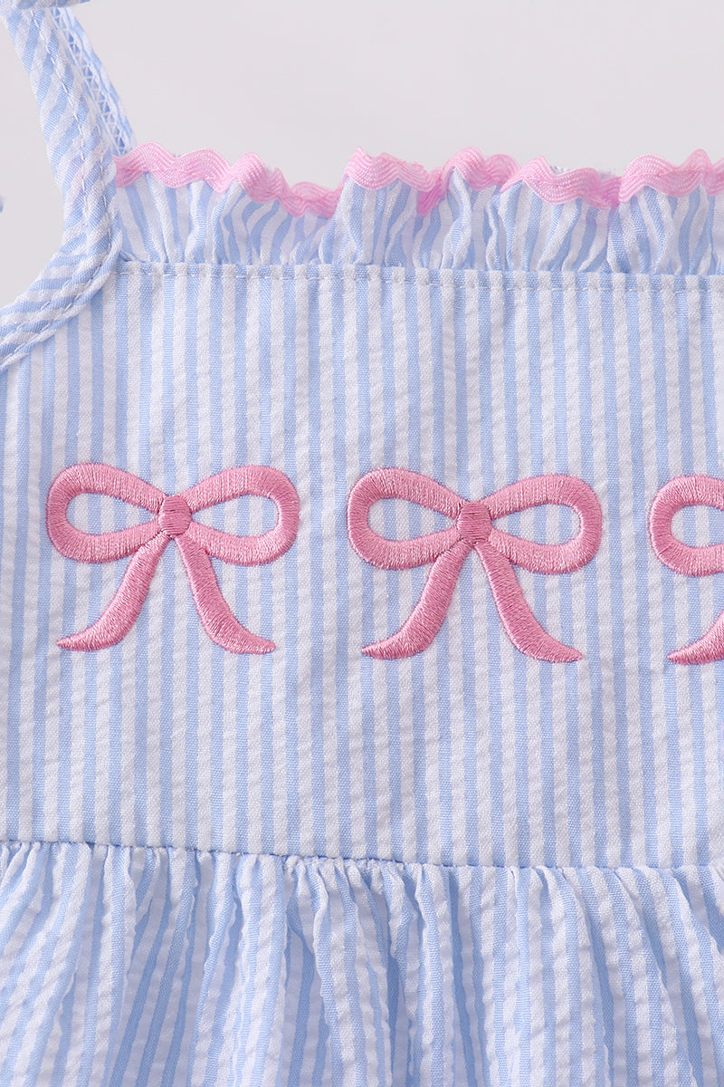 Girls Blue Bow Embroidered Stripe Ruffle Dress – Kids Party Dress