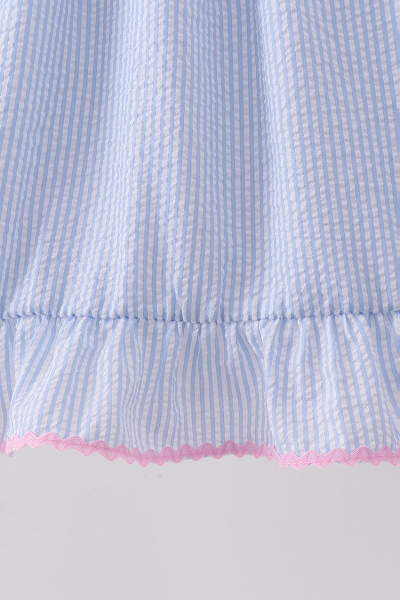 Girls Blue Bow Embroidered Stripe Ruffle Dress – Kids Party Dress