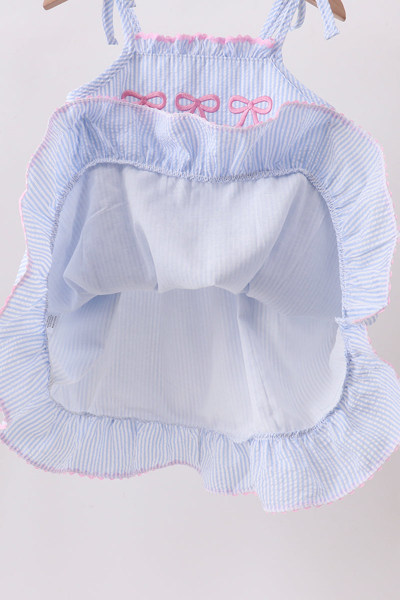Girls Blue Bow Embroidered Stripe Ruffle Dress – Kids Party Dress