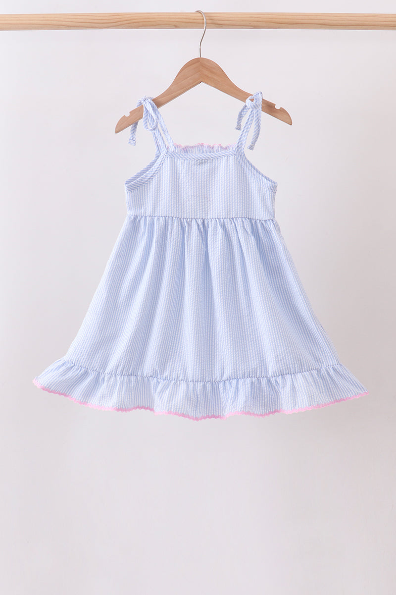 Girls Blue Bow Embroidered Stripe Ruffle Dress – Kids Party Dress