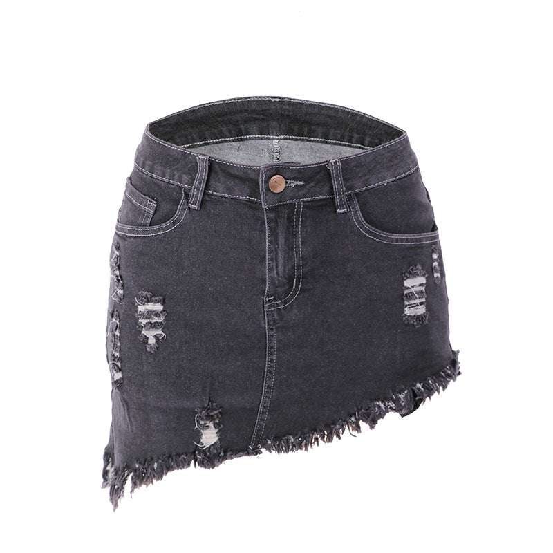 Black denim skirt with distressed details on a white background