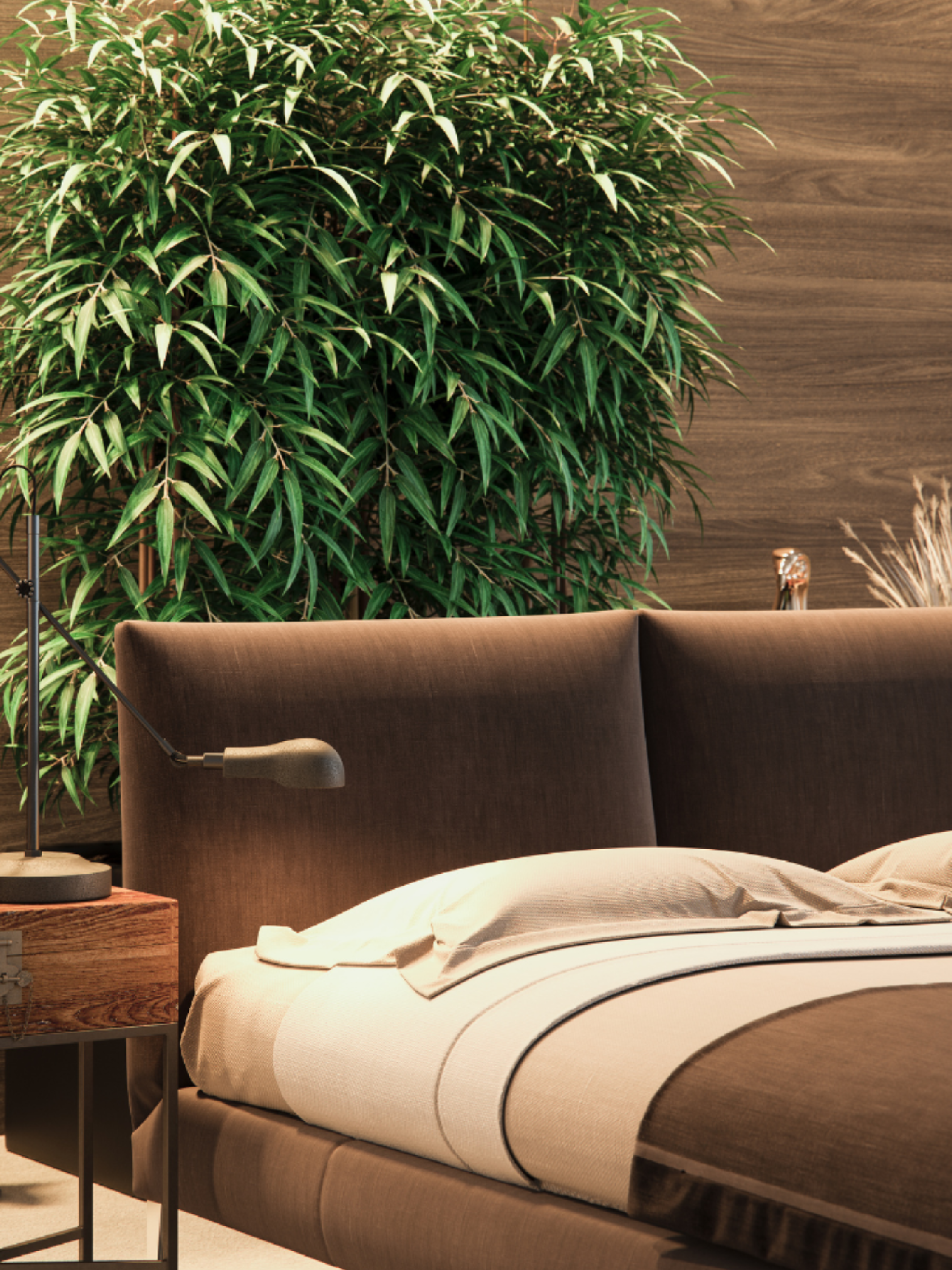 Brown bed with beige bedding against a wooden wall with a potted plant.