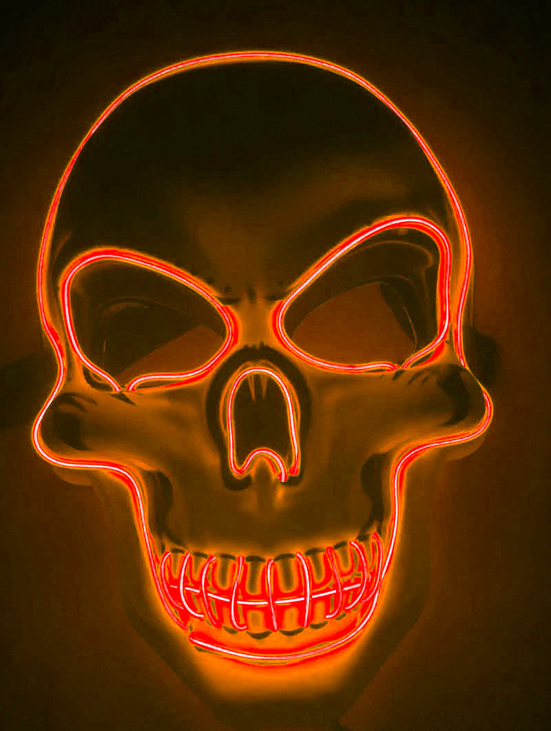 Neon skull mask glowing with red lights on a dark background