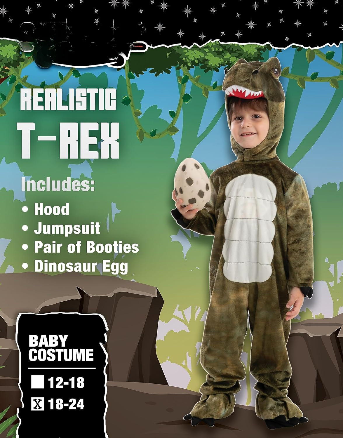 Child in a T-Rex costume with a dinosaur egg against a forest background
