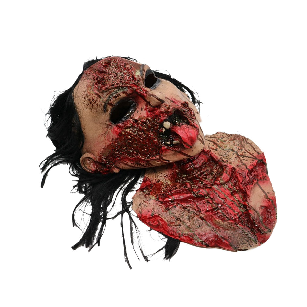 A severed horror prop head with a bloody, gory face and neck, attached to black hair, shown on a plain white background.