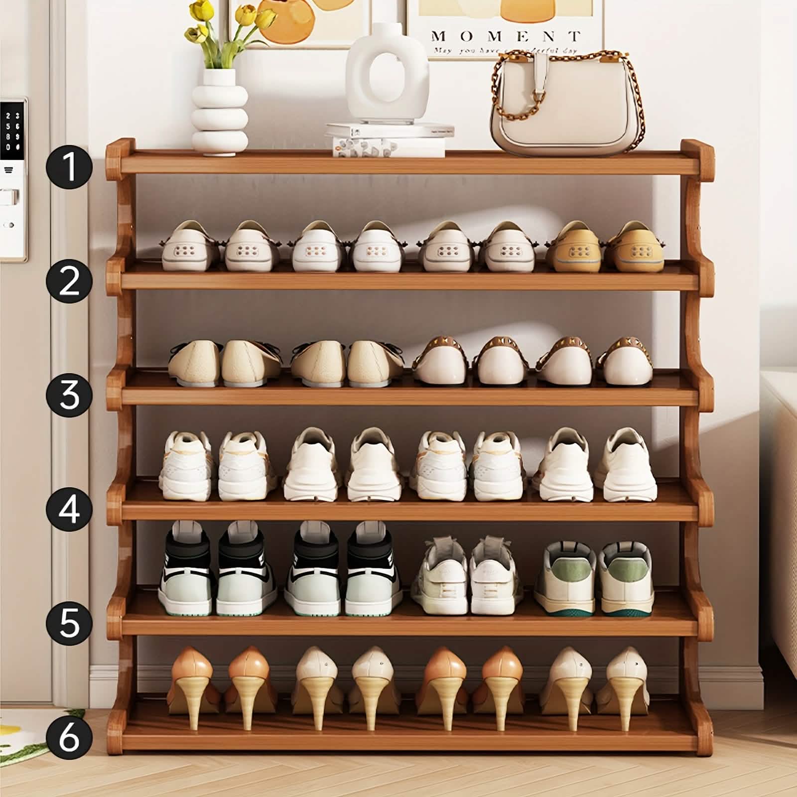 Bamboo Shoe Rack Organizer — 5-Tier or 6-Tier, Holds 15–24 Pairs | Space-Saving Vertical Design
