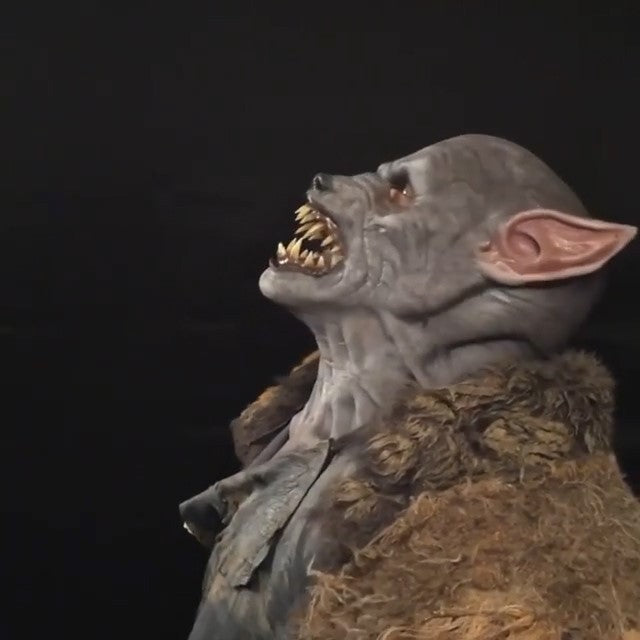 Statue of a creature with a wolf-like head and human body on a dark background