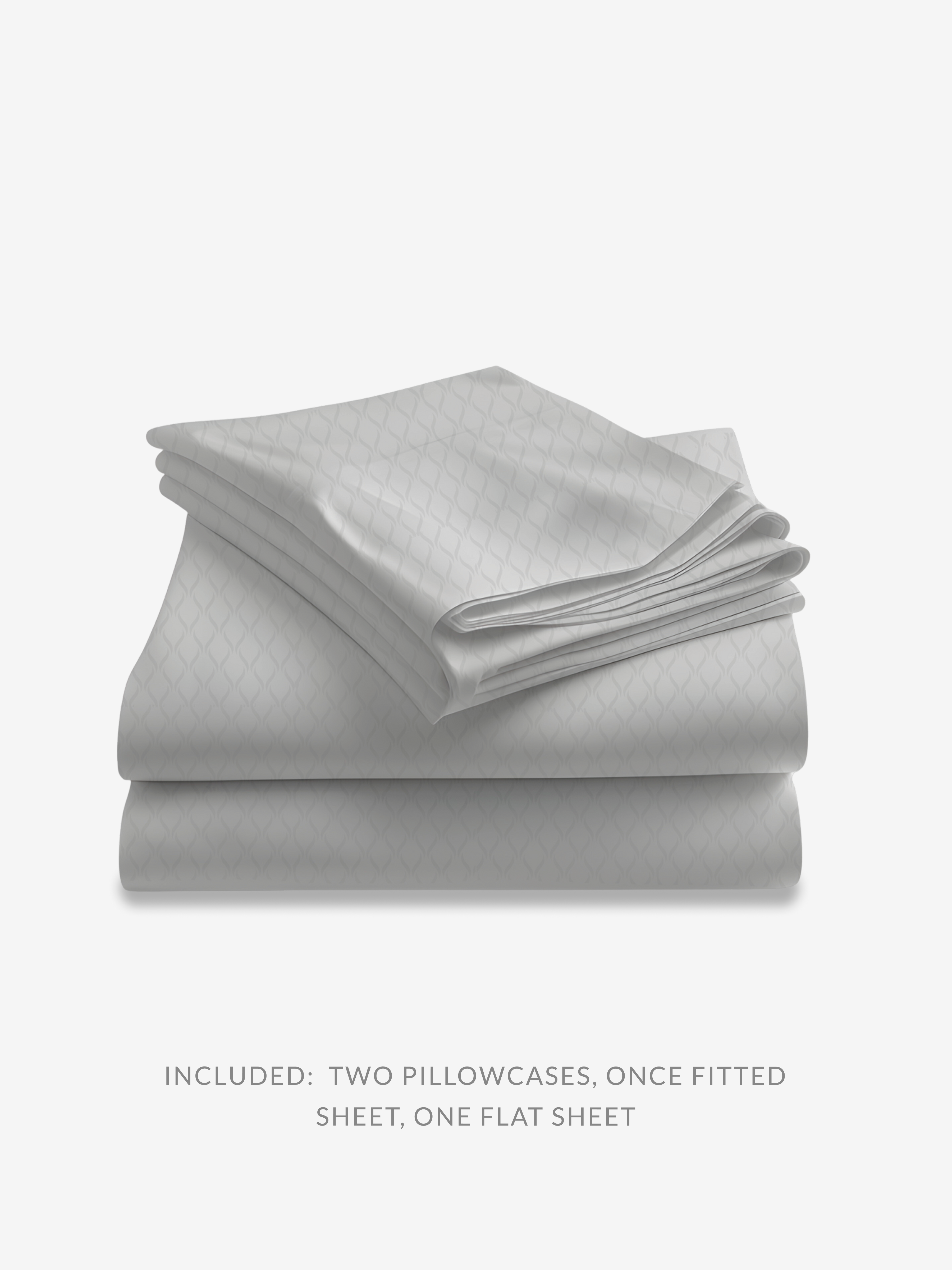 Gray bedding set with two pillowcases, a fitted sheet, and a flat sheet on a white background.