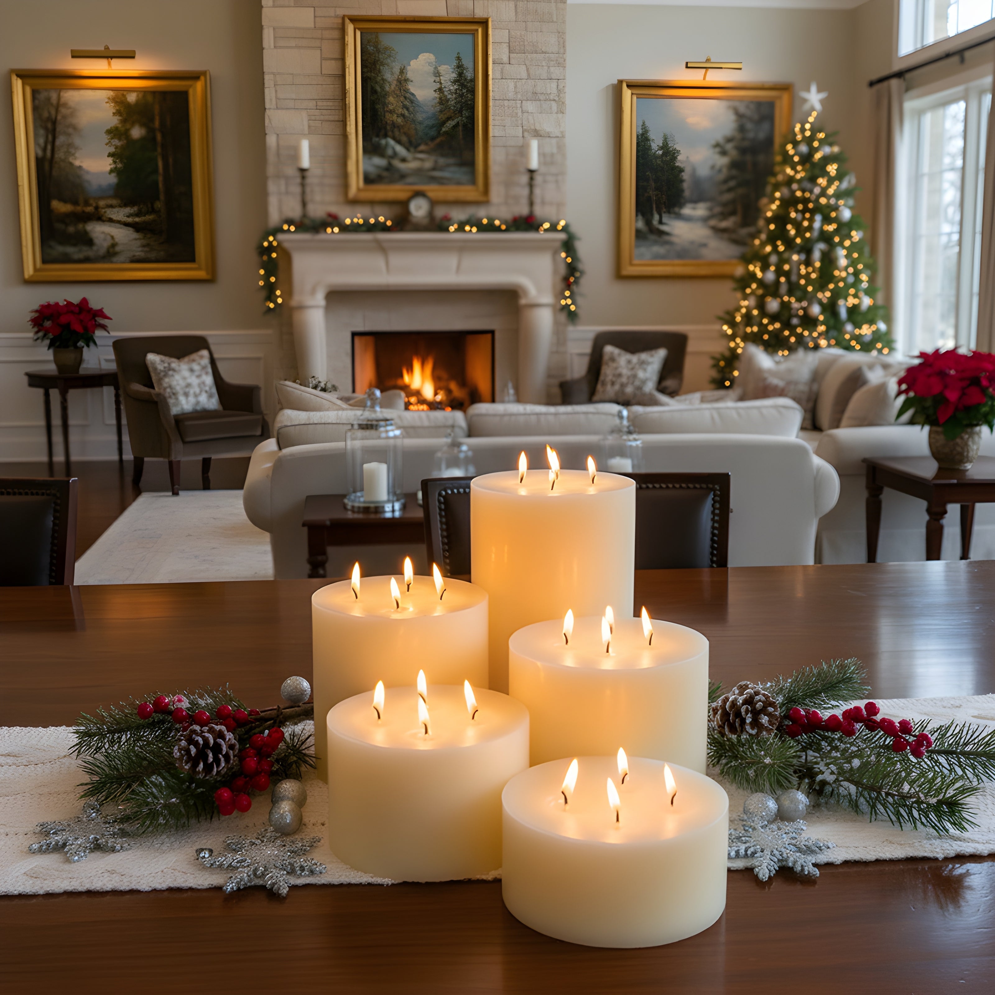 Living room with candles on a table, Christmas tree, and fireplace.