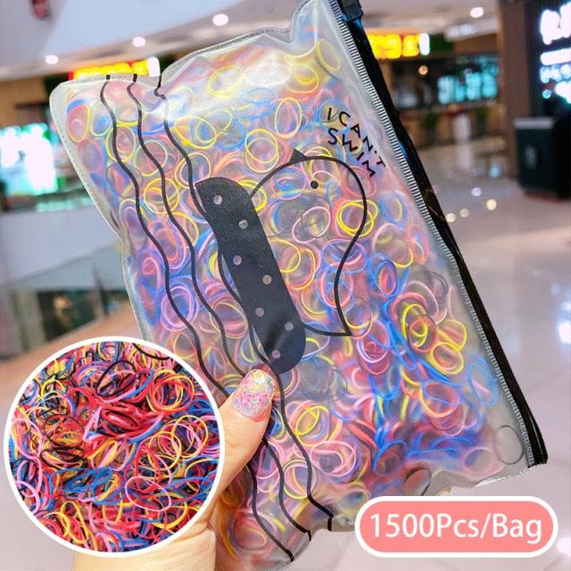 Clear pouch with colorful rubber bands and a close-up of the bands held by a hand.