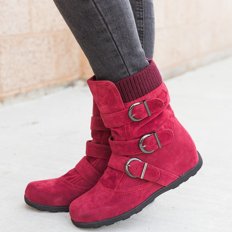 Women's Buckle Strap Winter Boots – Matte Round-Toe Flat Ankle Boots | 4 Colors