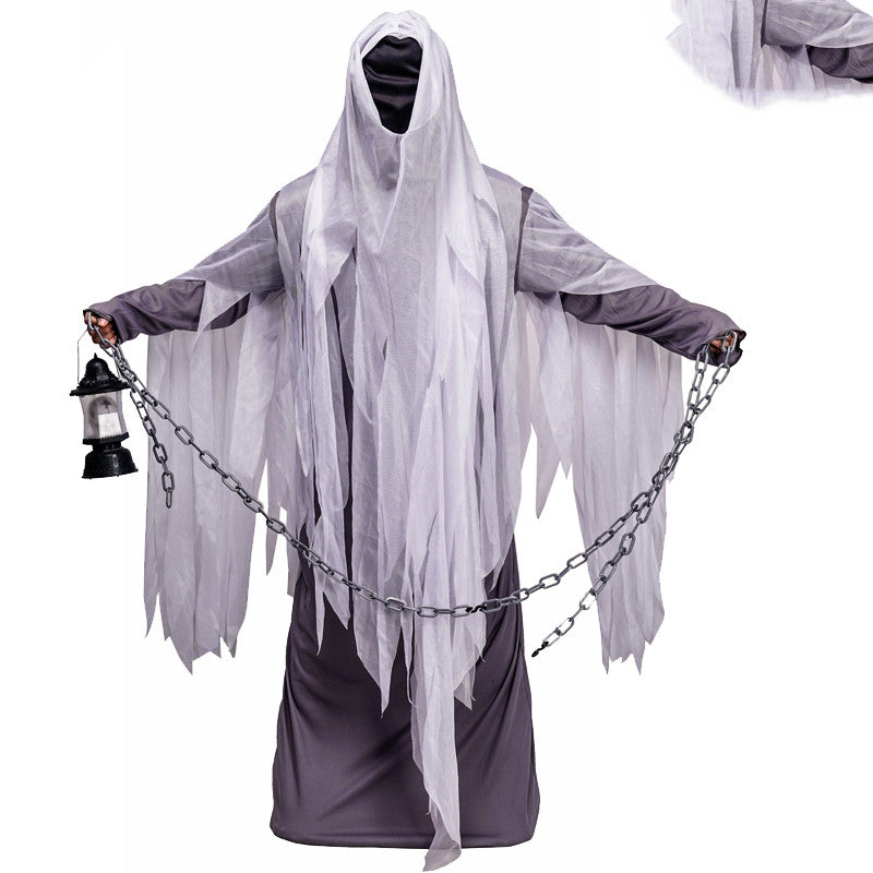 Ghost costume with chains and lantern on a white background