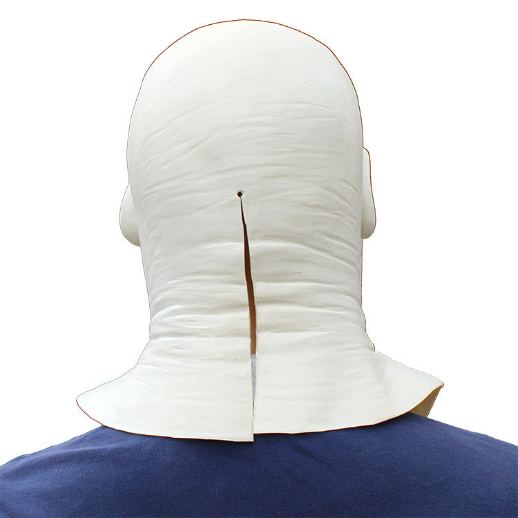 White neck brace on a person wearing a blue shirt against a white background