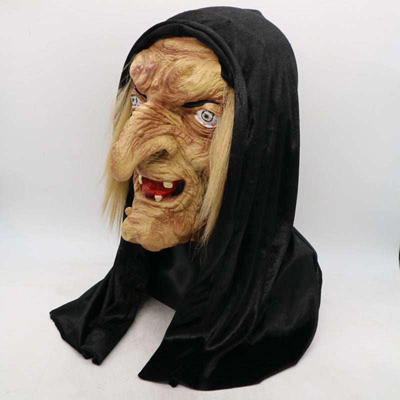 Halloween mask with black hood and detailed face on a white background