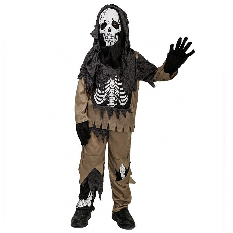 Halloween costume with skeleton design on a white background