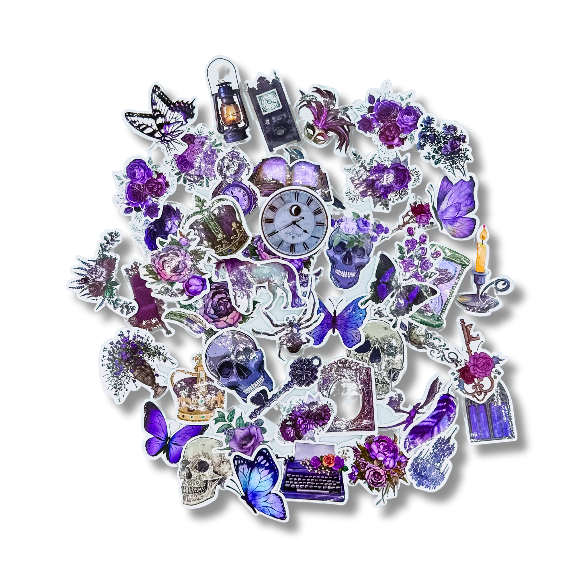 Collection of purple-themed stickers including flowers, clocks, and butterflies on a white background