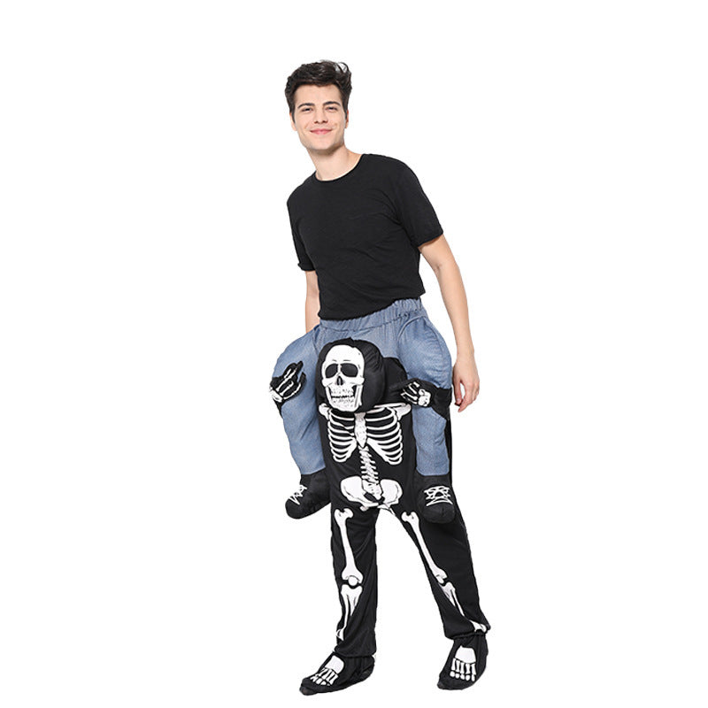 Person wearing a black skeleton costume on a white background