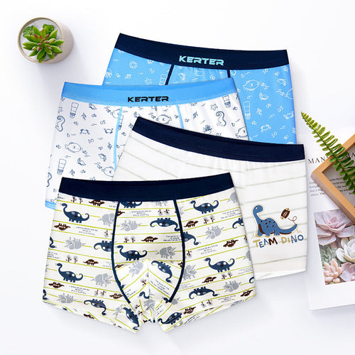 Four pairs of children's underwear with various patterns on a white background