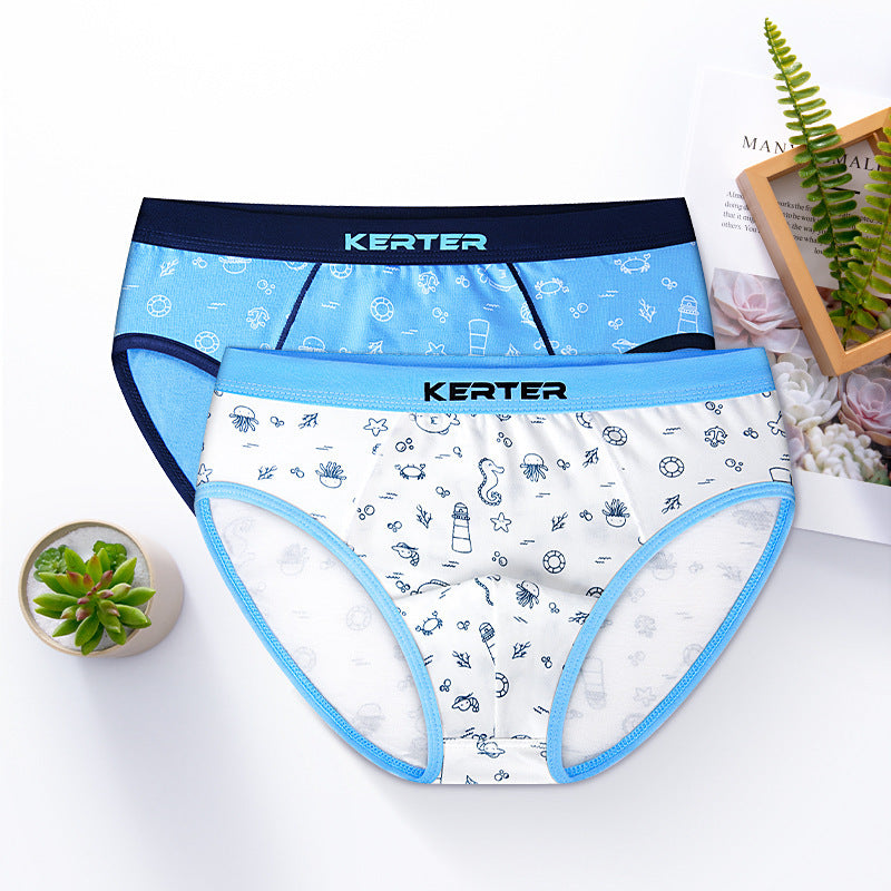 Two pairs of Karter underwear with blue and white designs on a light background.