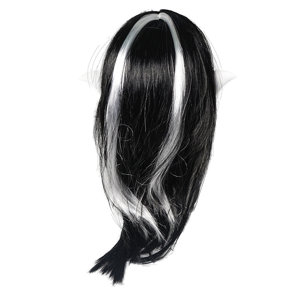 Black hair extension with a white band on a white background