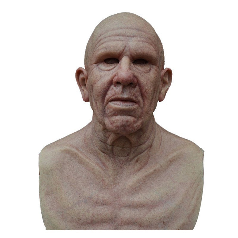 A realistic bald male actor's face and upper chest mask or prosthetic, shown against a plain white background.