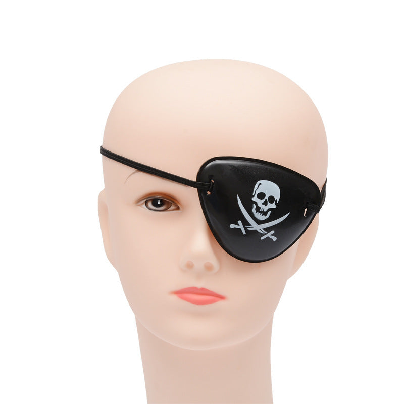 Pirate eye patch with skull and crossbones design on a mannequin head.