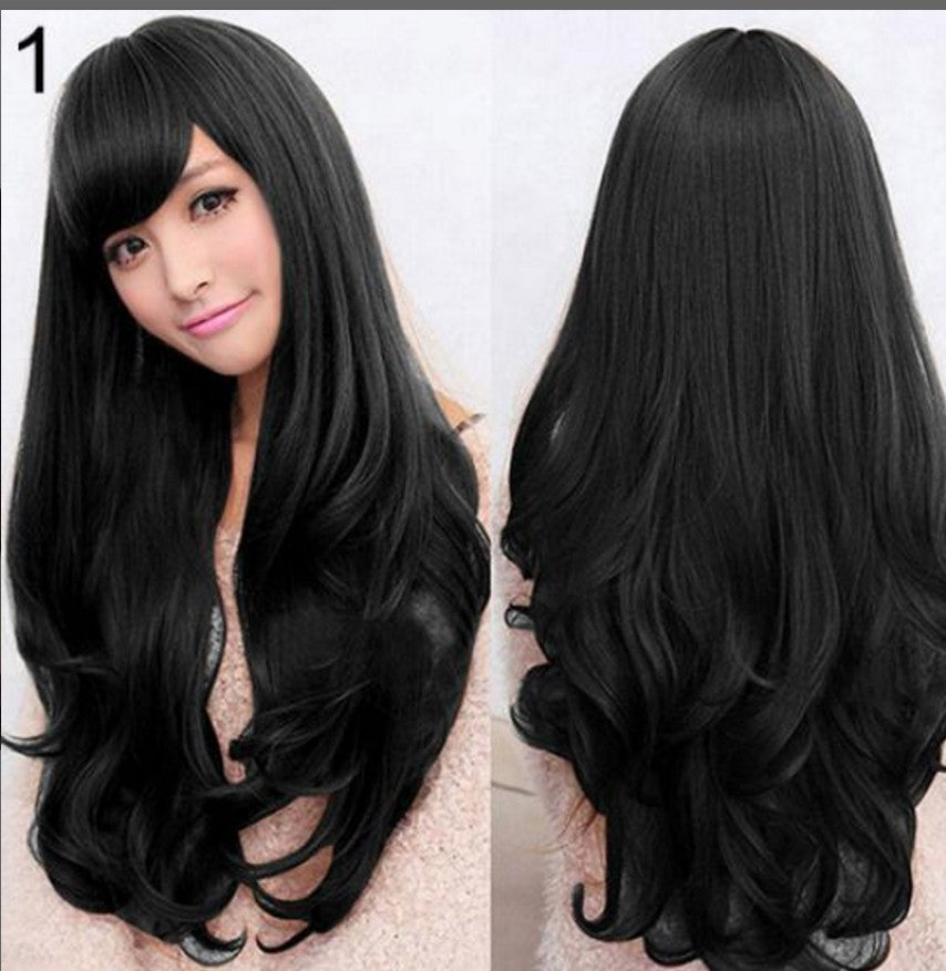 Black wig with bangs shown from front and back on a white background