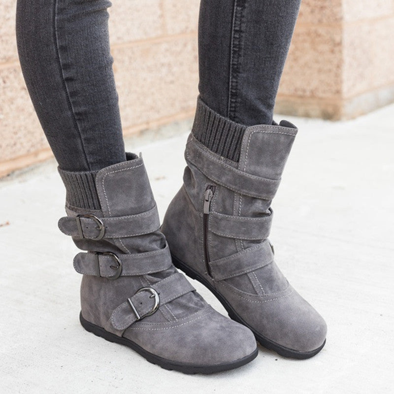 Women's Buckle Strap Winter Boots – Matte Round-Toe Flat Ankle Boots | 4 Colors