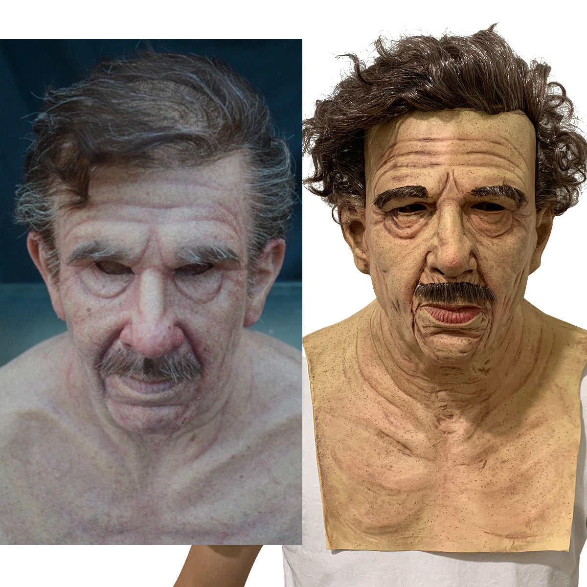 A split-screen comparison showing a real older man on the left and a highly detailed latex or silicone mask of the same person on the right, likely demonstrating a special effects or horror makeup product.