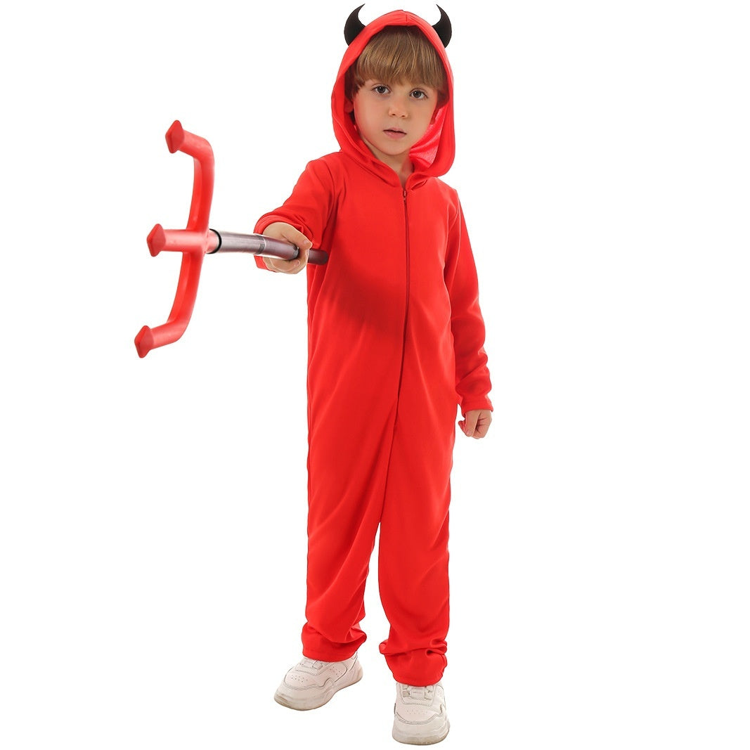 Child wearing a red devil costume with horns and a pitchfork on a white background