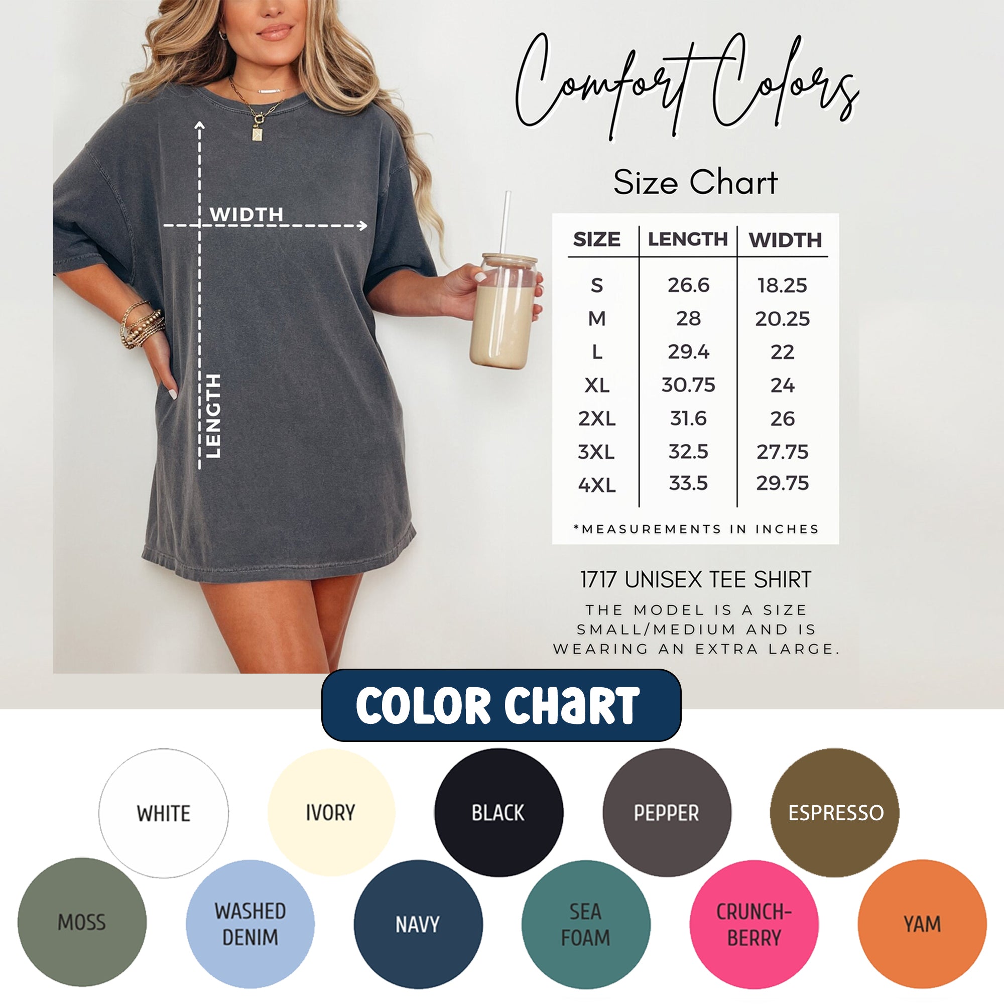 Gray t-shirt dress with size chart and color chart on a white background