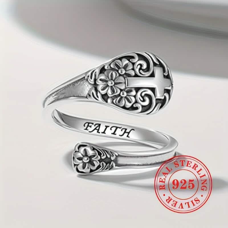 925 Sterling Silver Bohemian Faith Ring — Vintage Floral Cross, Adjustable | Women's