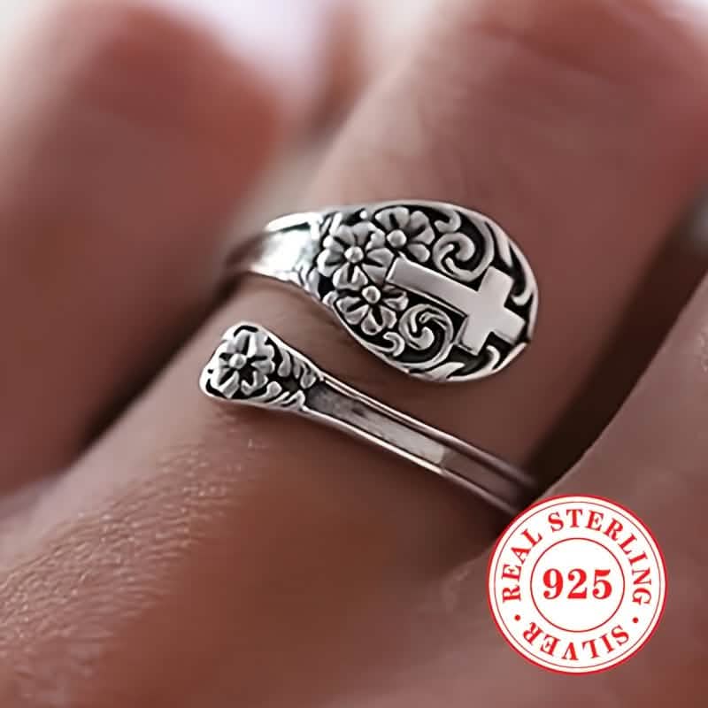 925 Sterling Silver Bohemian Faith Ring — Vintage Floral Cross, Adjustable | Women's