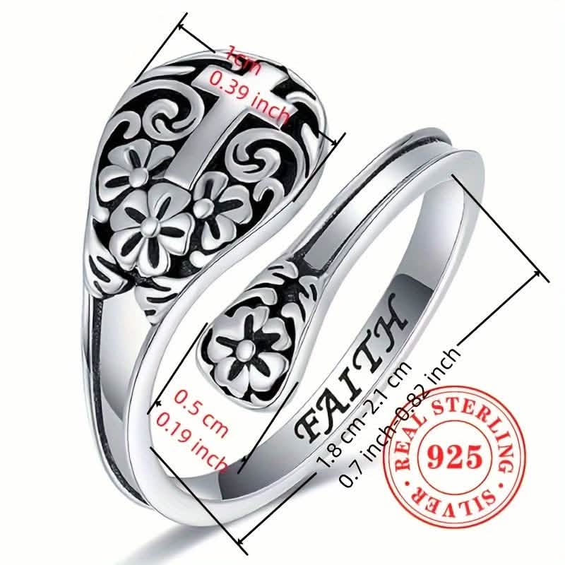 925 Sterling Silver Bohemian Faith Ring — Vintage Floral Cross, Adjustable | Women's