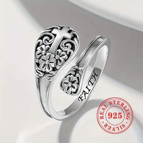 925er Sterlingsilber Böhmischer Glaube Ring – Vintage Blumenkreuz, verstellbar | Damen