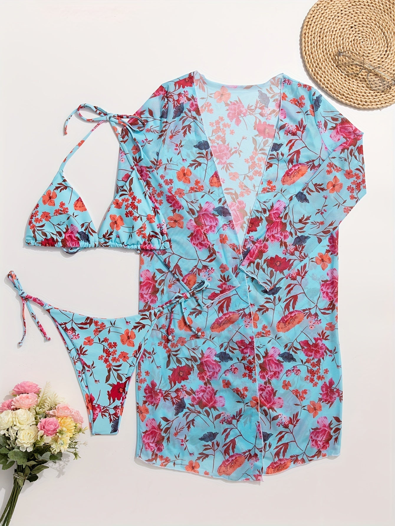Floral Three-Piece Bikini Set – V-Neck, Cover-Up, Removable Padding