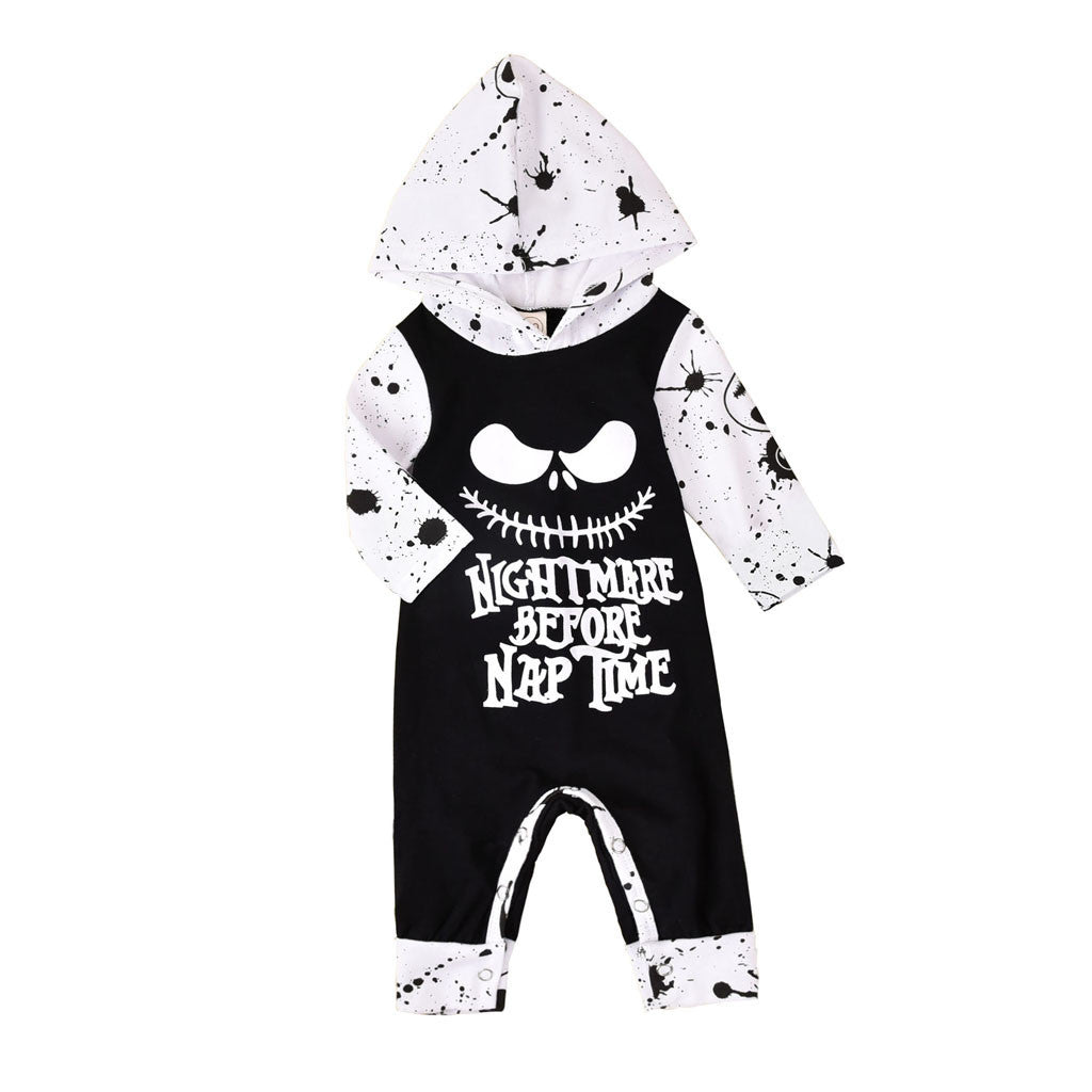 Black and white baby romper with 'Nightmare Before Nap Time' text on a white background