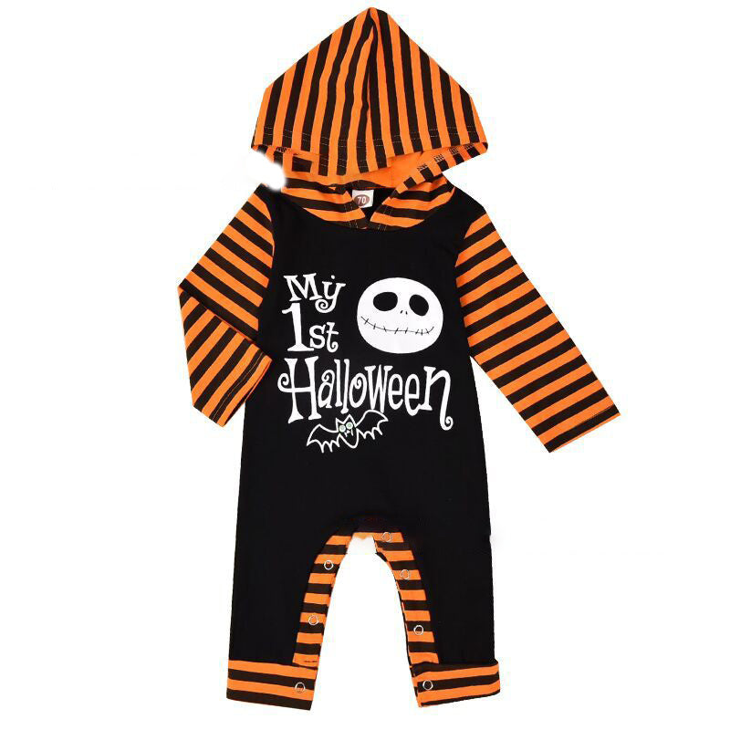 Black and orange Halloween-themed baby romper with striped sleeves and legs on a white background