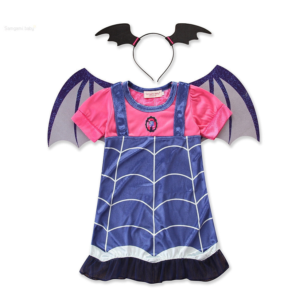 Children's dress with spider web pattern and bat wings on a white background