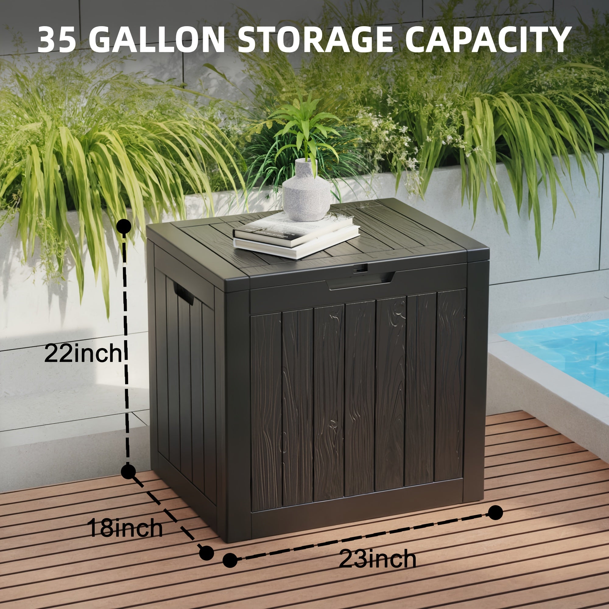 35 Gallon Outdoor Resin Storage Box | Lockable Flip-Top | Black/Wood Grain