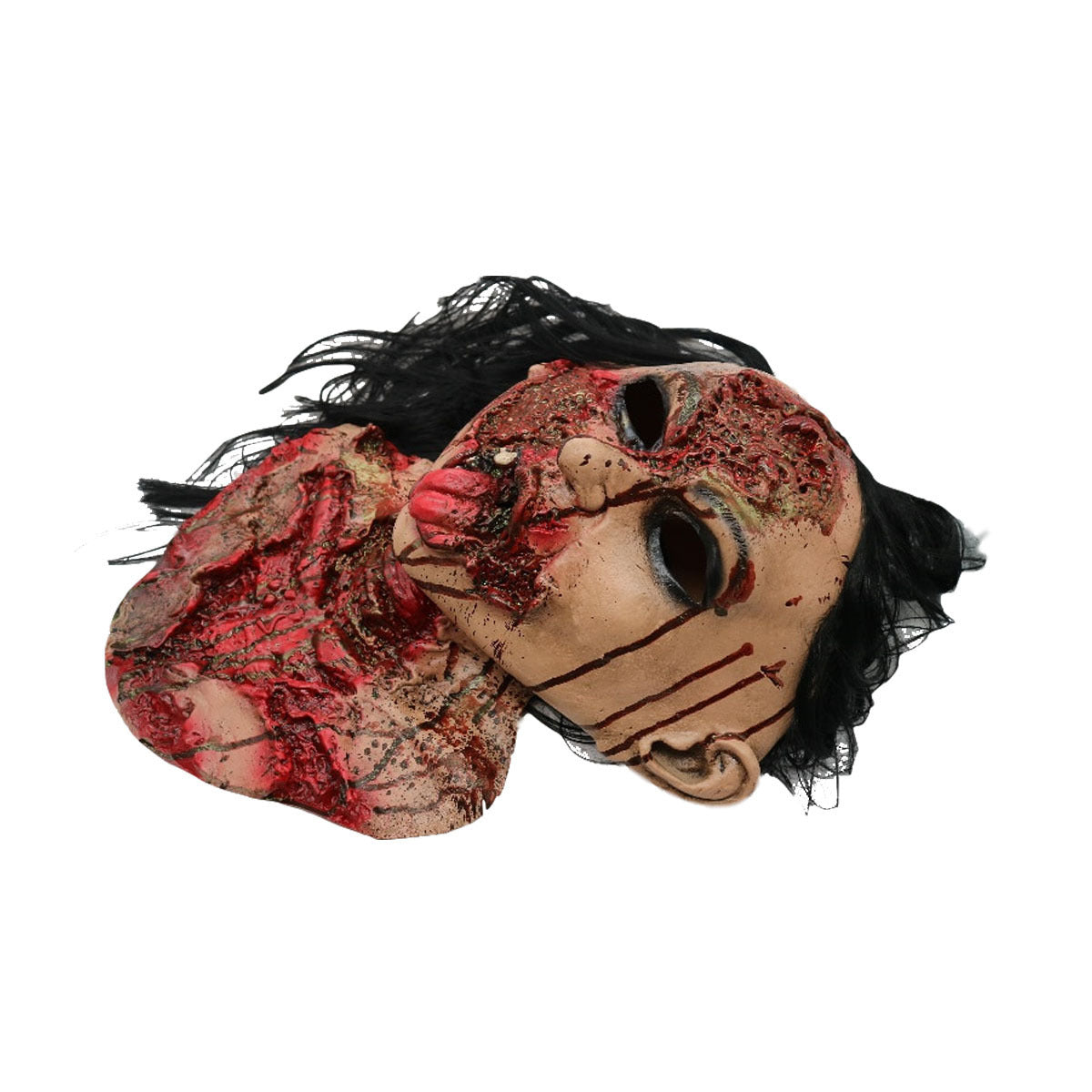 Horror-themed mask with black hair on a white background