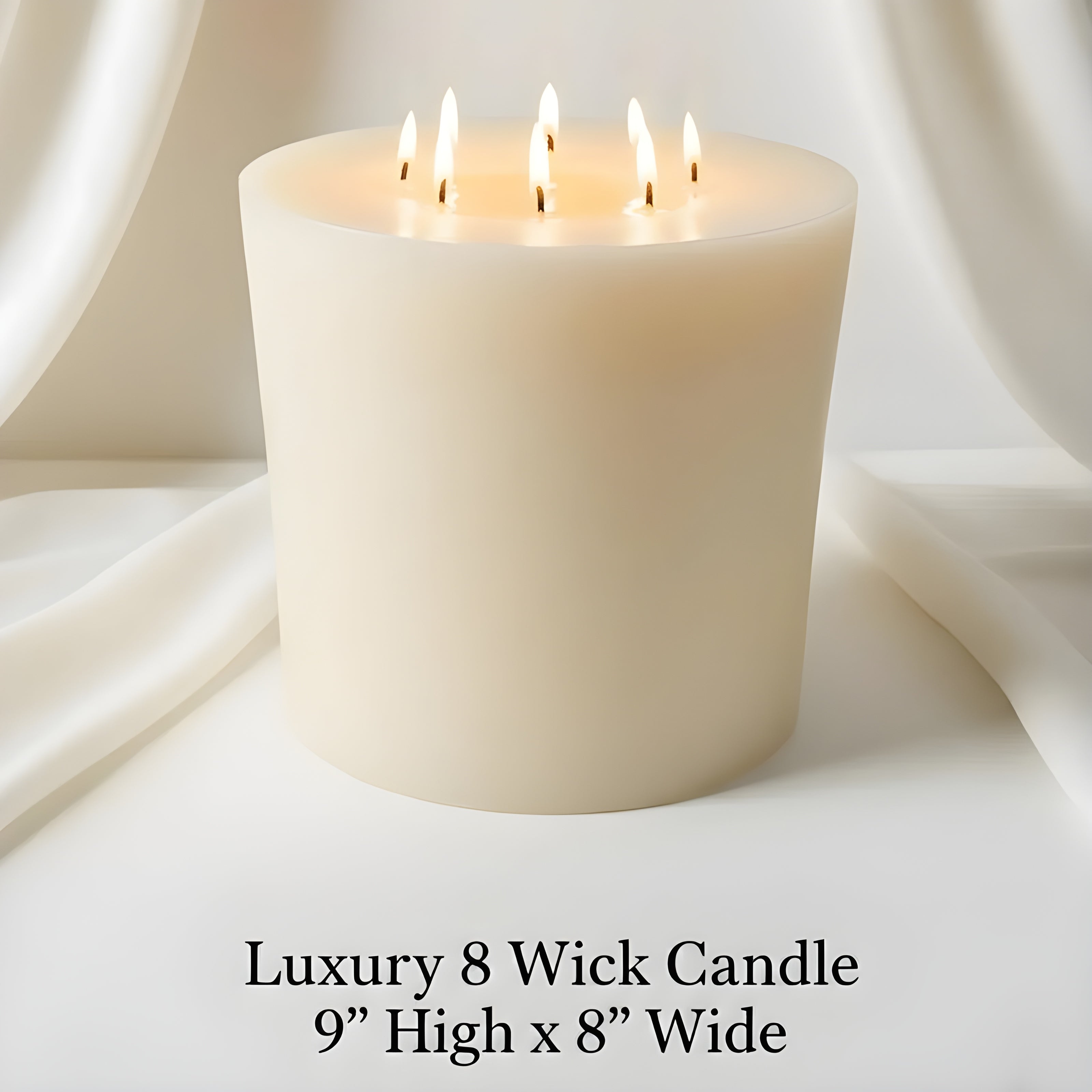 Luxury 8 wick candle on a white background with text indicating dimensions.