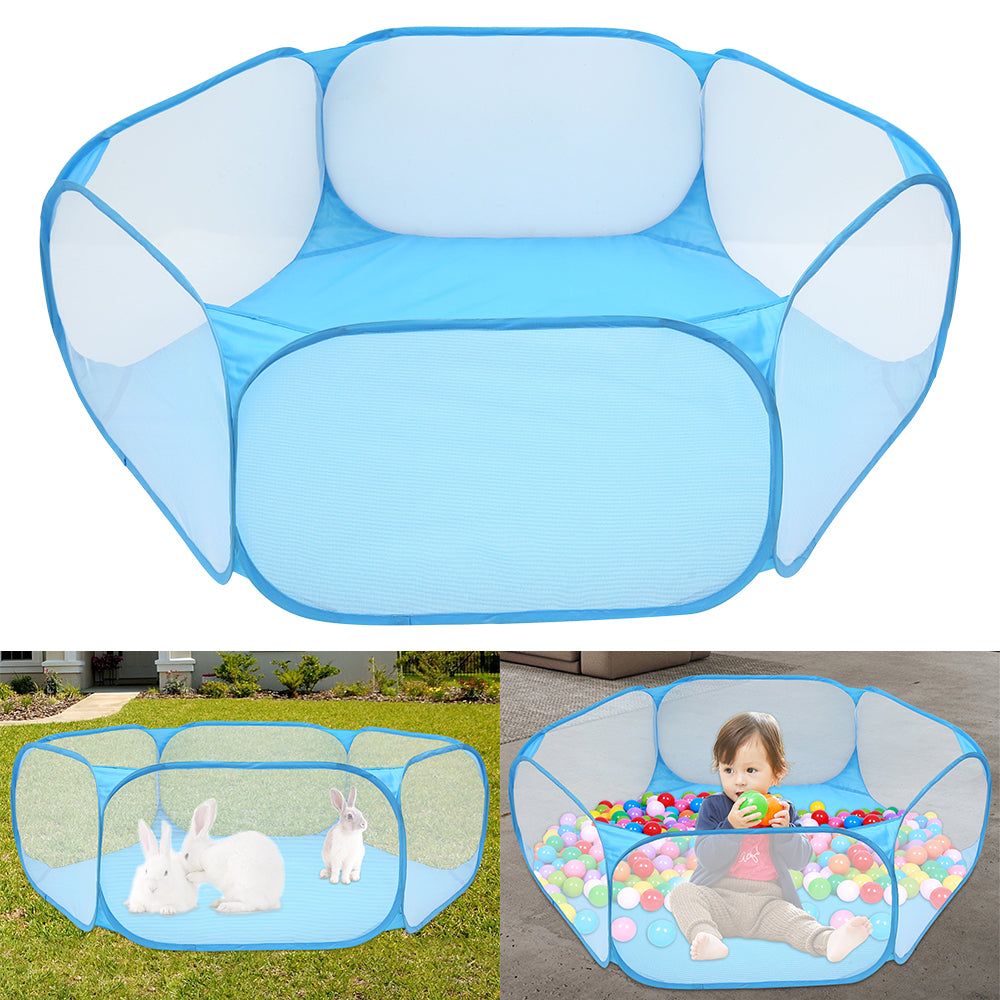 Blue playpen with multiple uses including outdoor grass area and indoor ball pit.