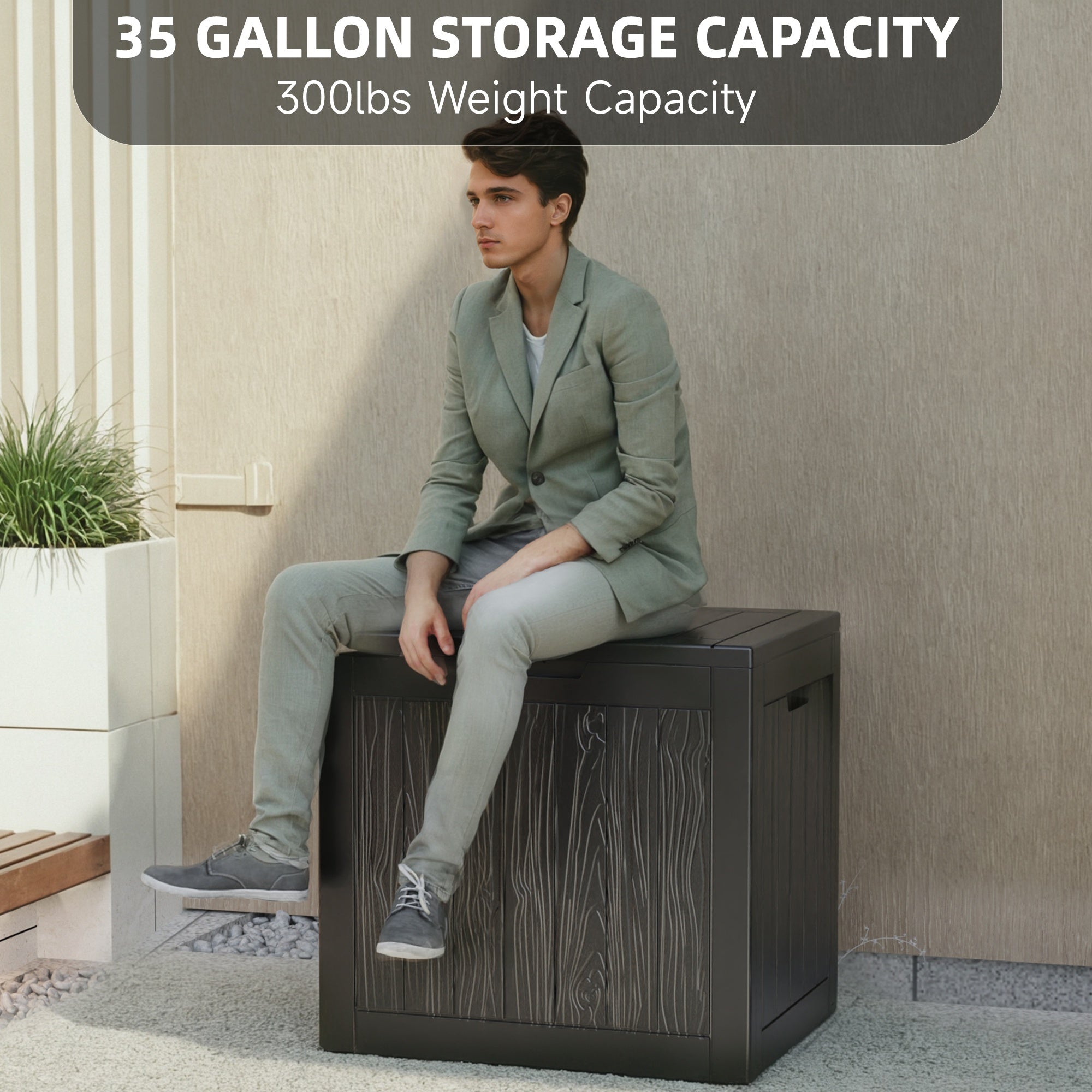 35 Gallon Outdoor Resin Storage Box | Lockable Flip-Top | Black/Wood Grain