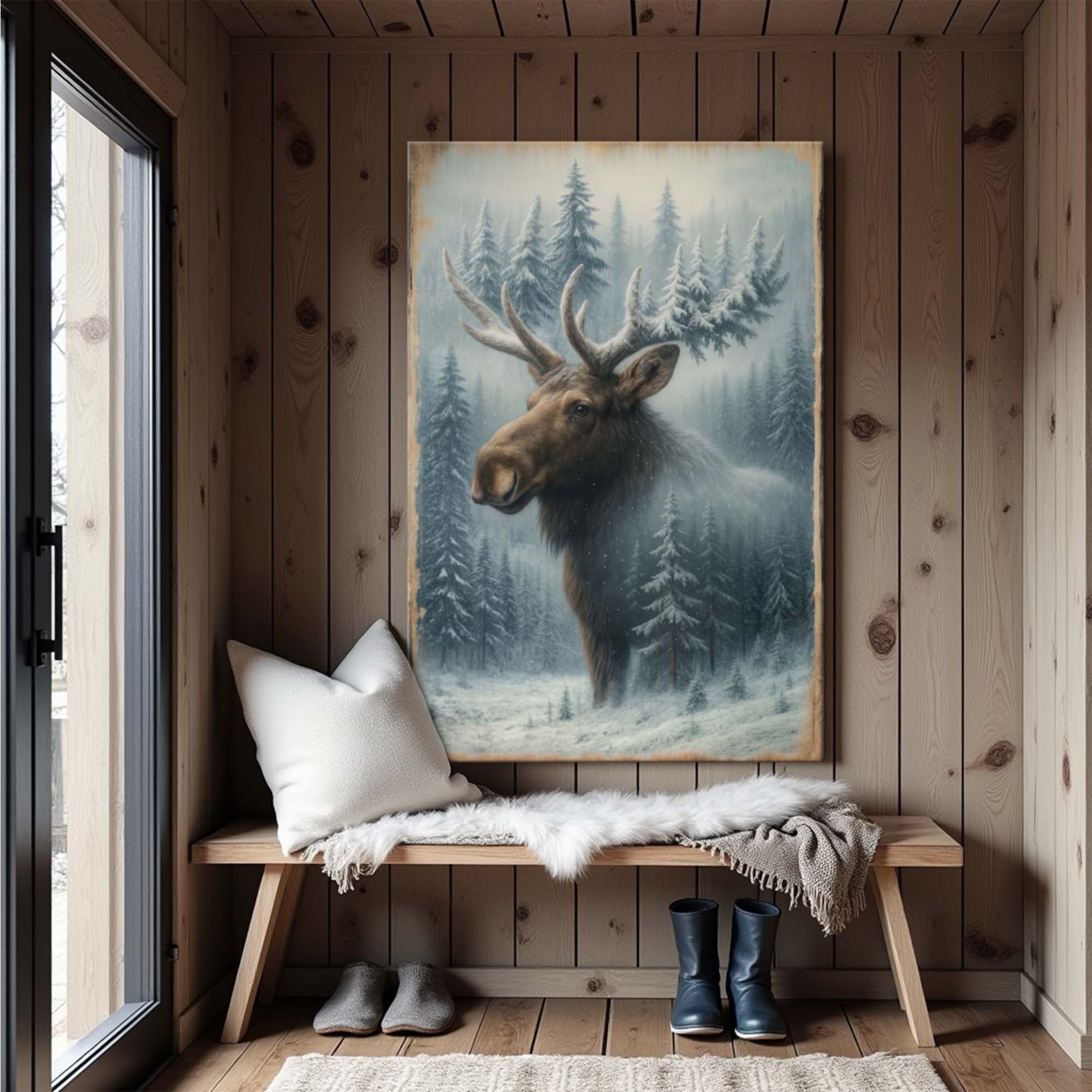 Snowy Forest Moose Double Exposure Canvas Wall Art | Handcrafted | 3 Sizes | Ready to Hang