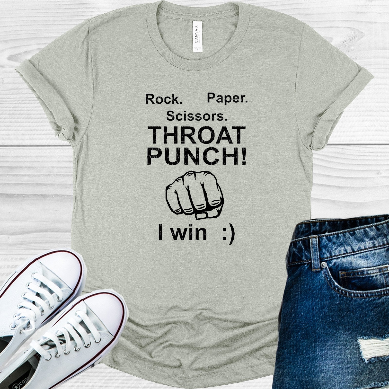 Gray t-shirt with humorous text design on a white background
