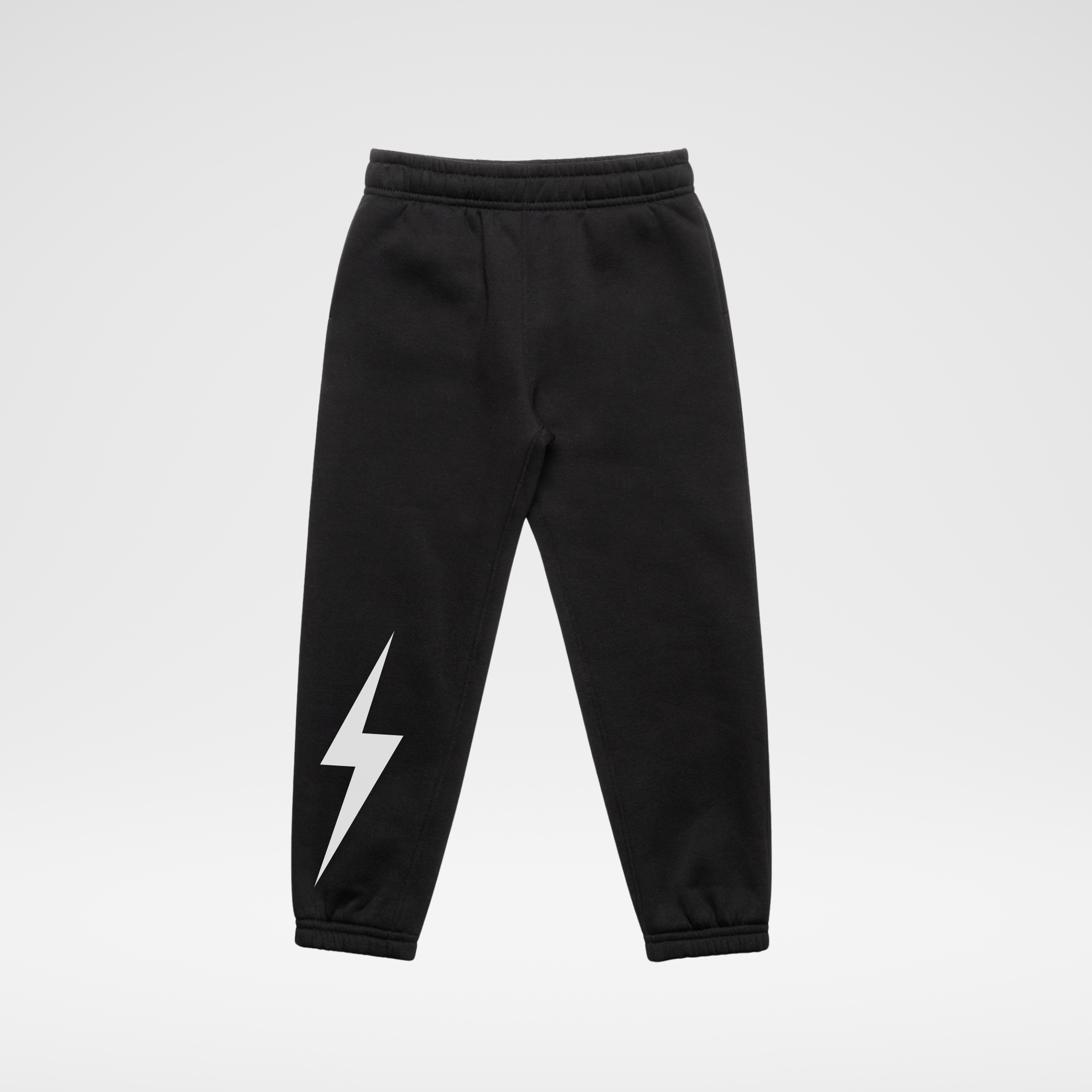 Black sweatpants with a white lightning bolt graphic on the left leg, shown against a light gray background.