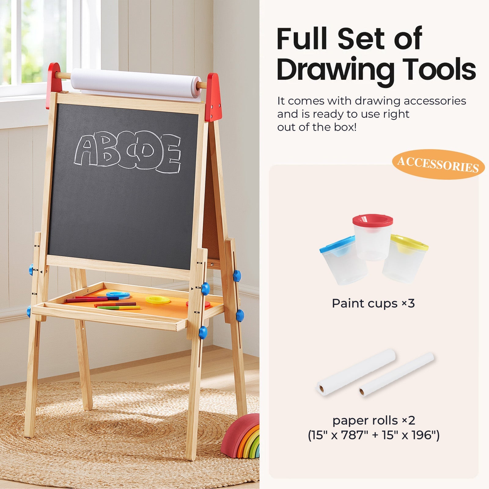 Tiny Land Double-Sided Kids Art Easel – Chalkboard, Whiteboard & Paper Roll