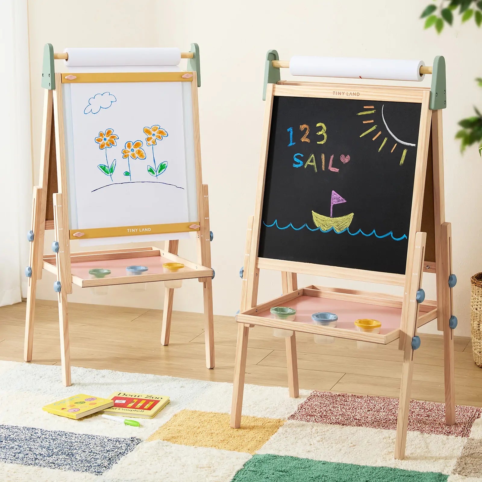 Tiny Land Double-Sided Kids Art Easel – Chalkboard, Whiteboard & Paper Roll