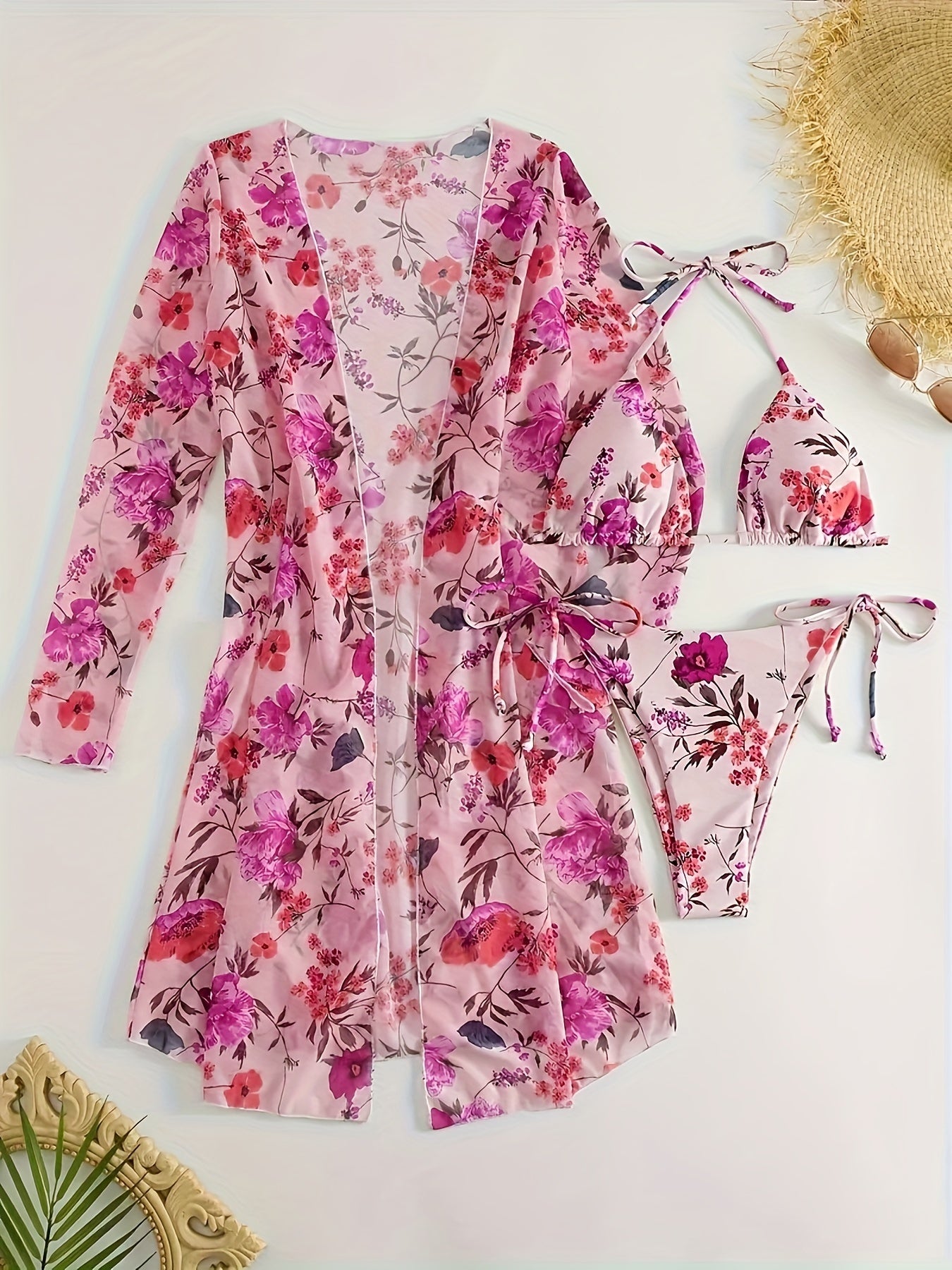 Floral Three-Piece Bikini Set – V-Neck, Cover-Up, Removable Padding